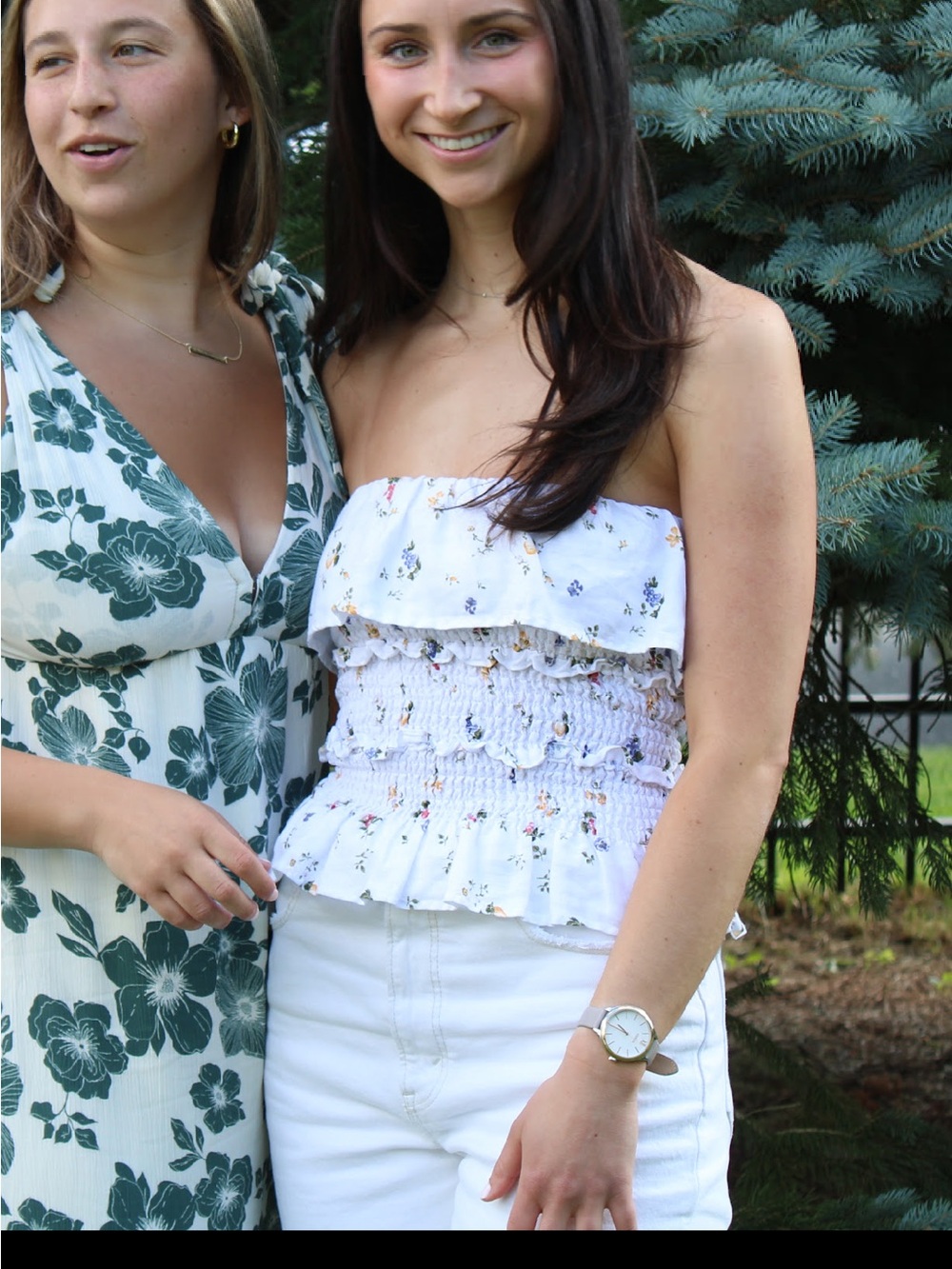 Reformation Strapless White Floral Smocked Ruffle Top